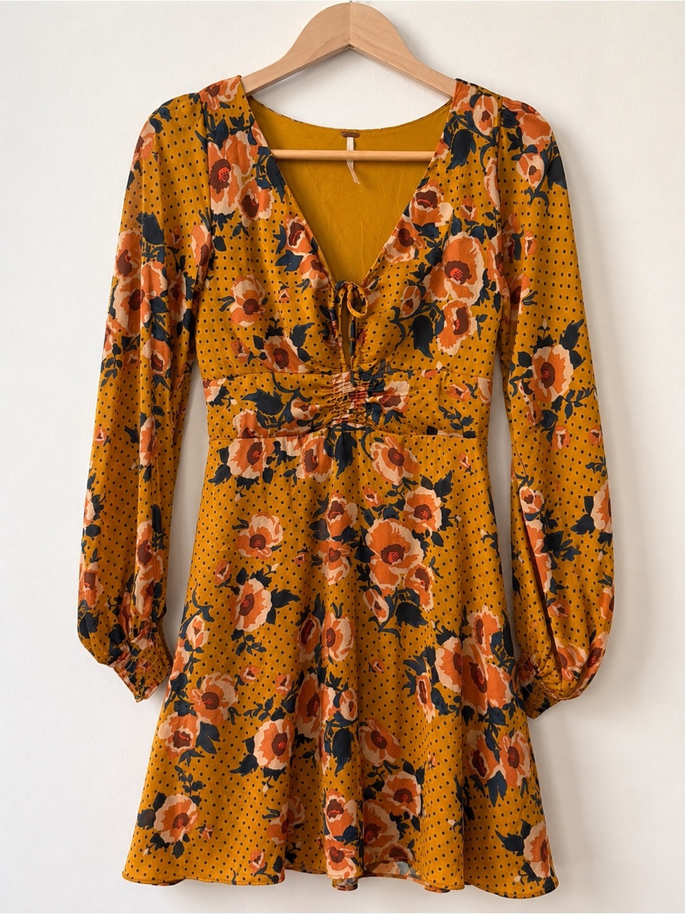 Free People Mustard Floral Mini Dress Size 4 Boho Cottagecore Long Sleeve